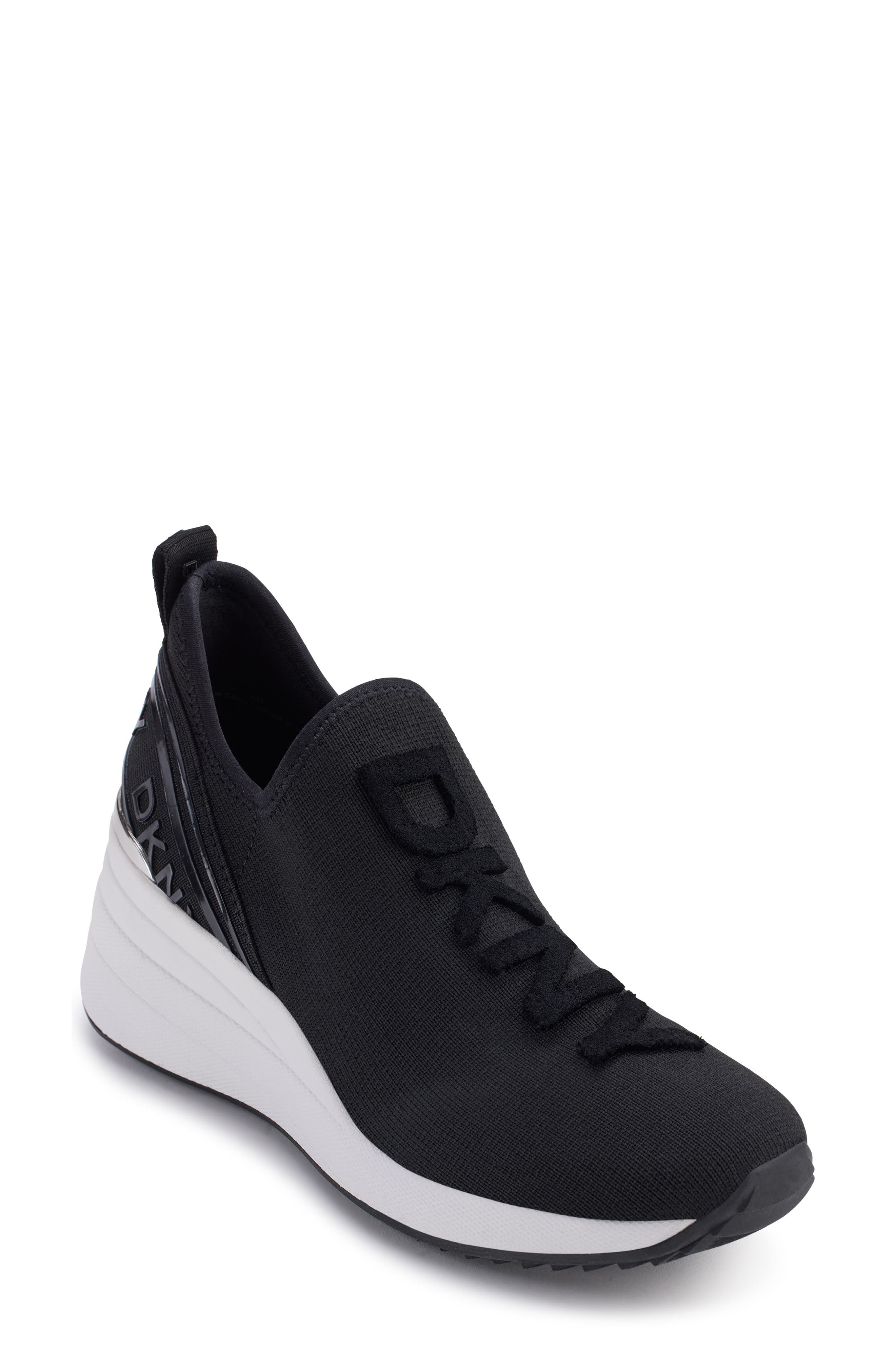 DKNY Keeva Wedge Knit Sneaker, Main, color, Black