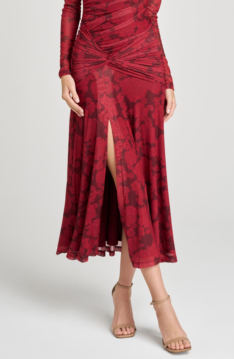 WAYF Selene Floral Ruched Long Sleeve Mesh Dress, Alternate, color, Scarlet Roses