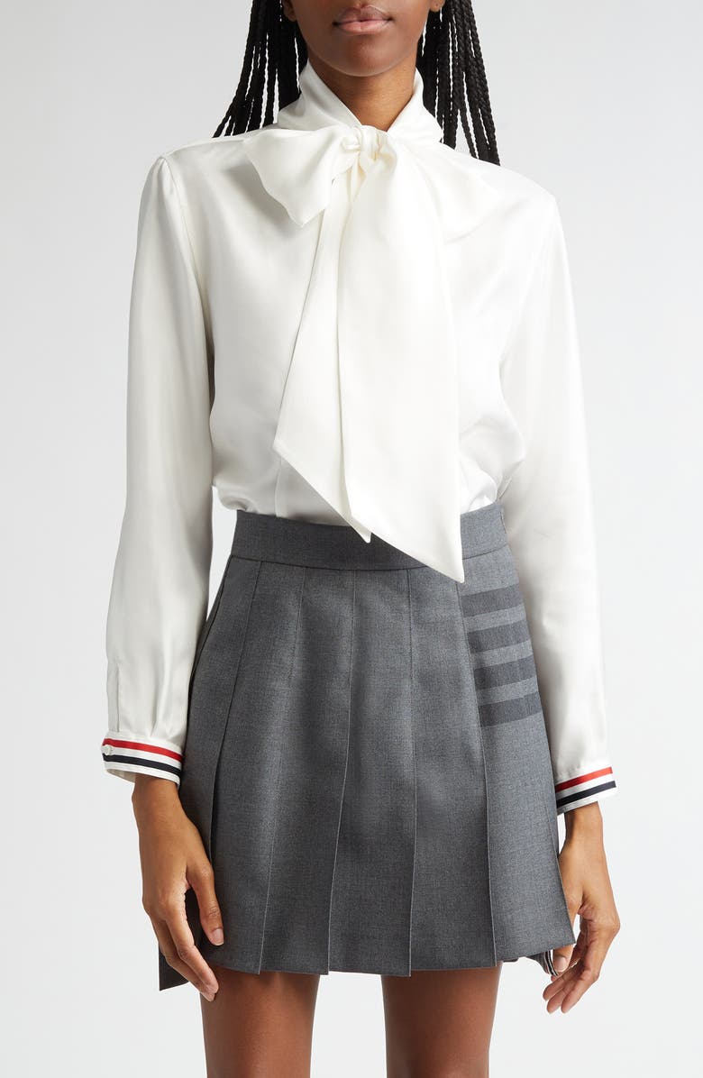 Thom Browne Tie Neck Long Sleeve Silk Top, Main, color, White