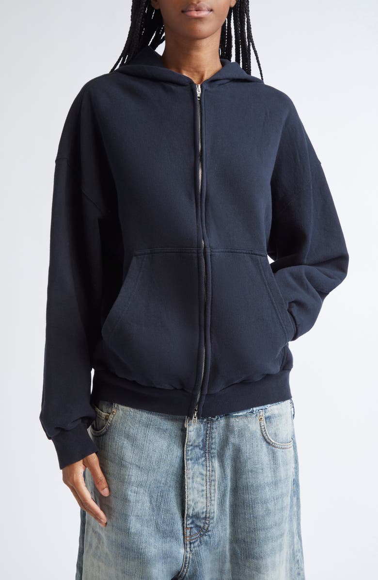 Balenciaga Flipped Uni Logo Embroidered Cotton Fleece Zip-Up Hoodie, Main, color,