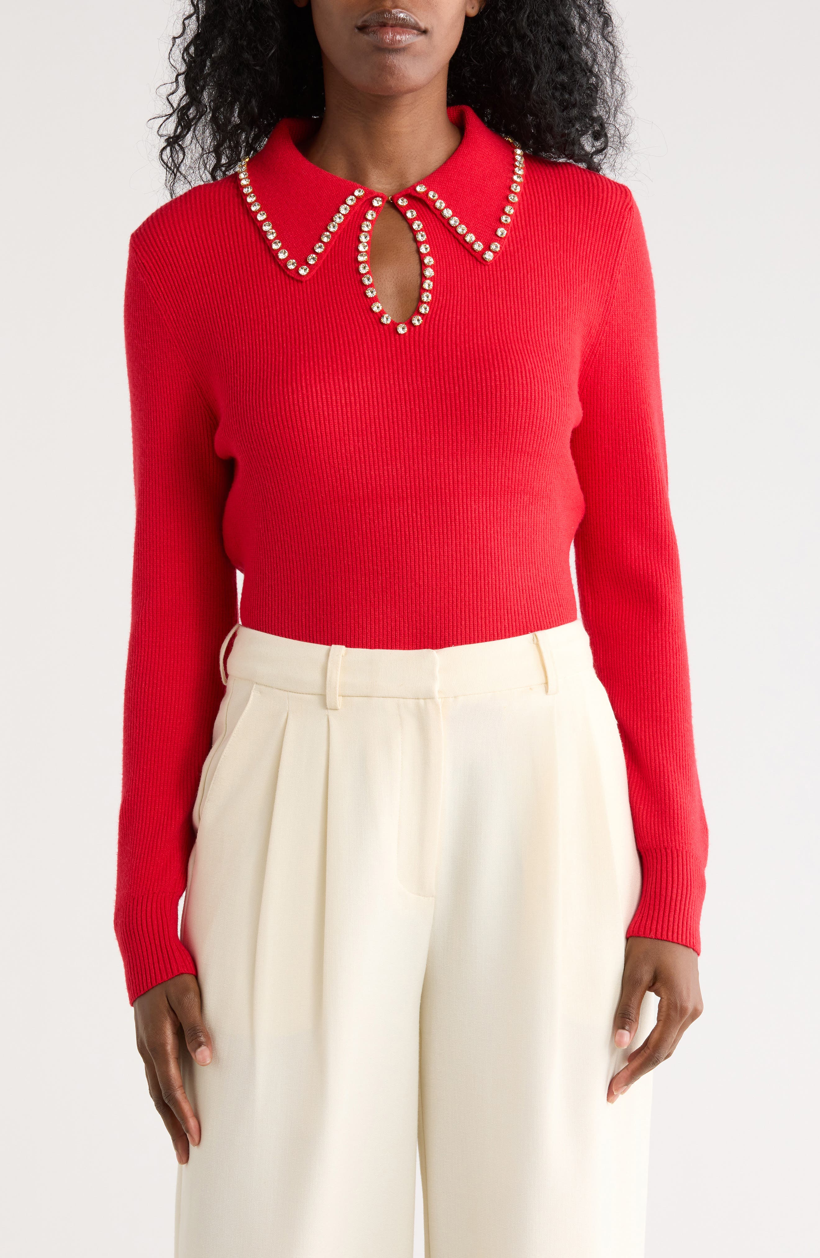 Nicole Miller Rhinestone Trim Collared Crop Sweater