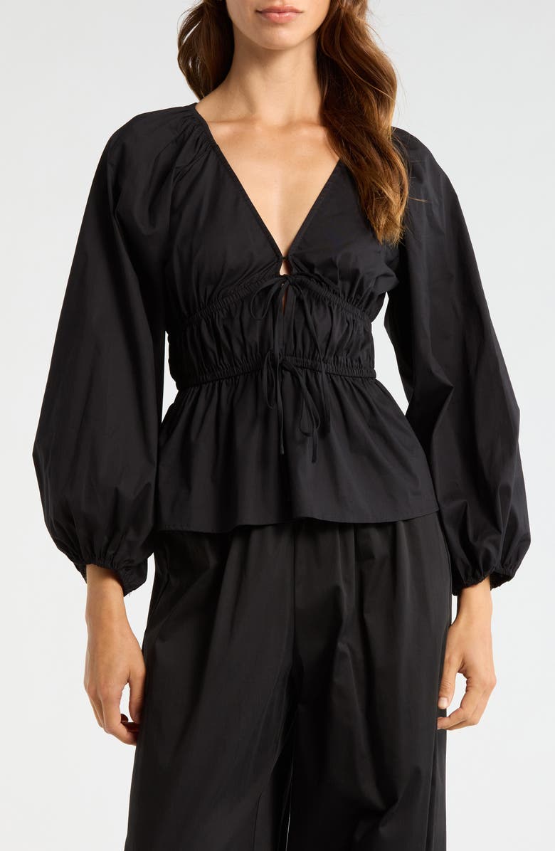 WAYF Jess Drawstring Stretch Cotton Poplin Top, Main, color, Black