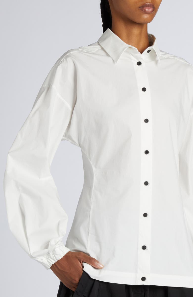 Moncler Logo Balloon Sleeve Cotton Button-Up Shirt, Alternate, color, Bright White