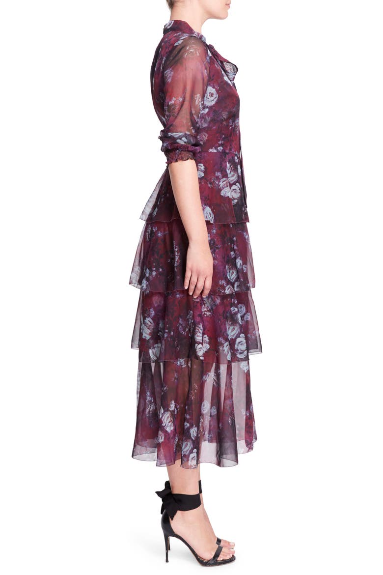 Floral Tiered Chiffon Midi Dress, Alternate, color, BURGUNDY