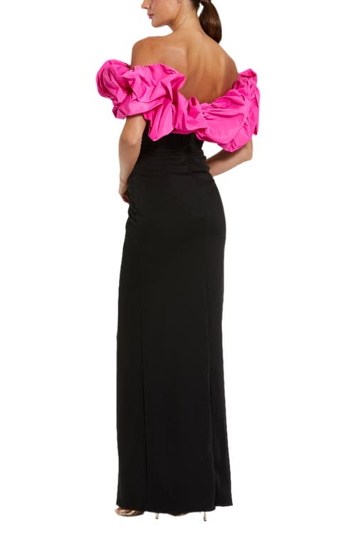 Shop Mac Duggal Crepe & Faille Off The Shoulder Gown In Black Hot Pink