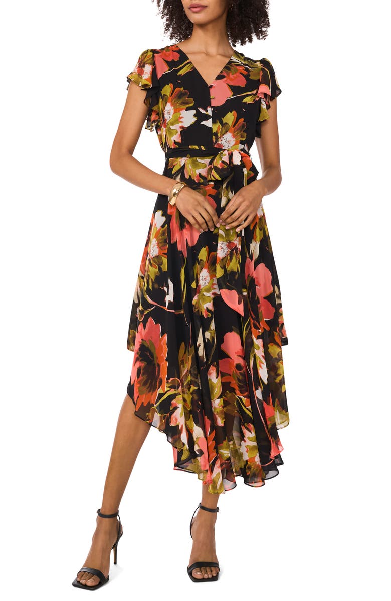 Vince Camuto Floral Print Flutter Sleeve Asymmetric Midi Dress, Main, color, 