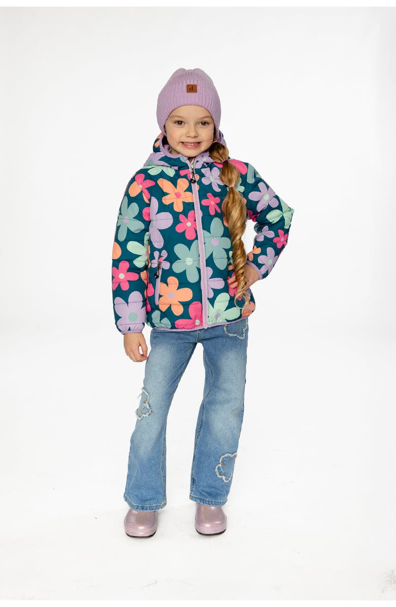 Deux par Deux Floral Quilted Hooded Zip Pocket Mid-Season Jacket, Alternate, color,