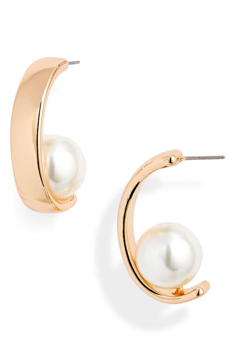 Faux Pearl Half Hoop Earrings