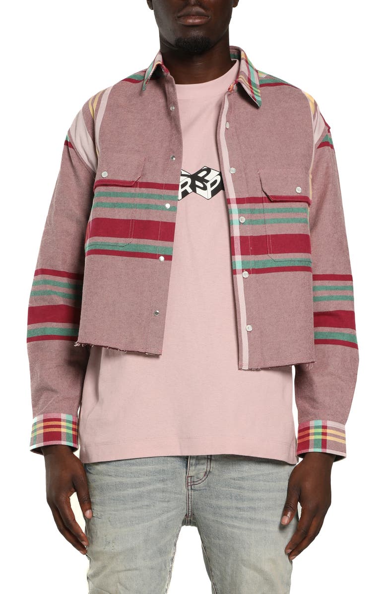 PURPLE BRAND Plaid Crop Snap-Up Shirt, Main, color, Pink Multi