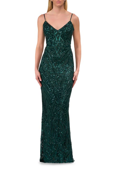 Print Sequin Gown in Jewel Tones with V Neckline