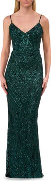 La Femme Print Sequin Gown in Jewel Tones with V Neckline