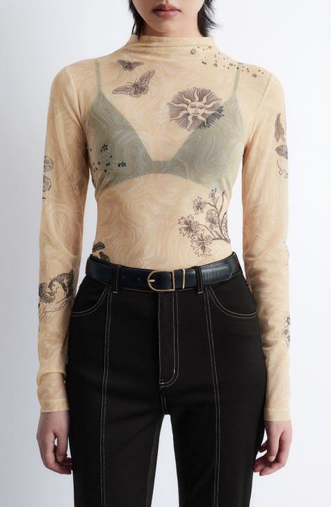 Mixed Print Funnel Neck Sheer Mesh Top