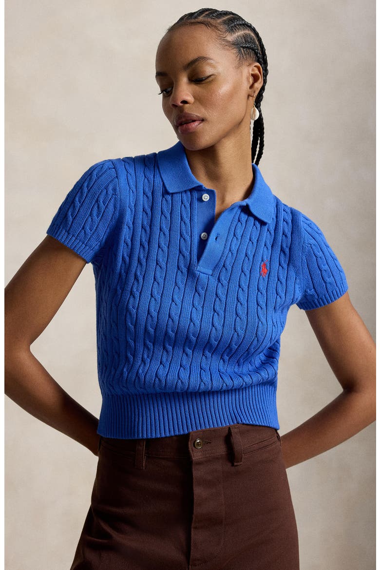 Crop Cable Knit Cotton Polo Sweater, Alternate, color, GALA BLUE