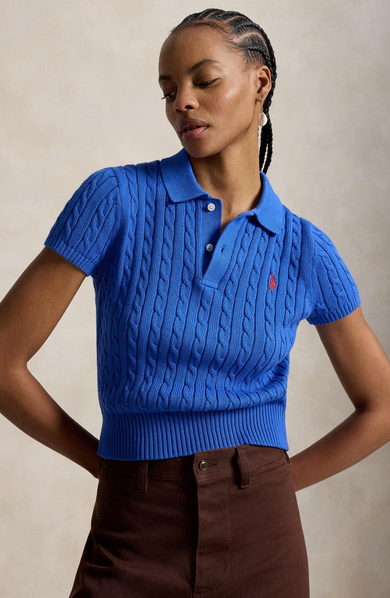 Polo Ralph Lauren Crop Cable Knit Cotton Polo Sweater, Alternate, color, Gala Blue