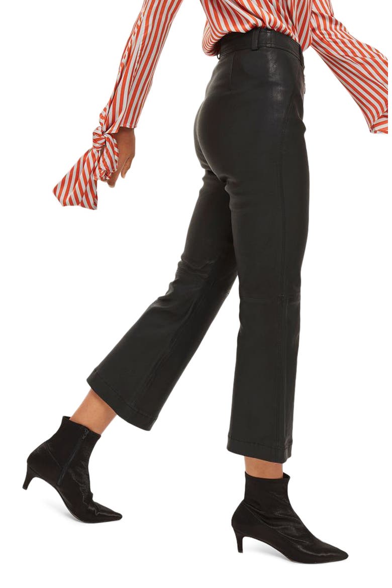 Premium Kick Flare Crop Leather Pants, Alternate, color, BLACK