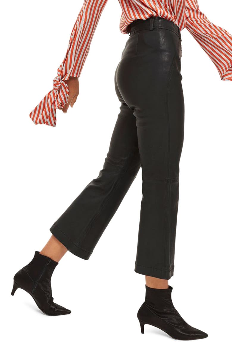 Topshop Premium Kick Flare Crop Leather Pants, Alternate, color,