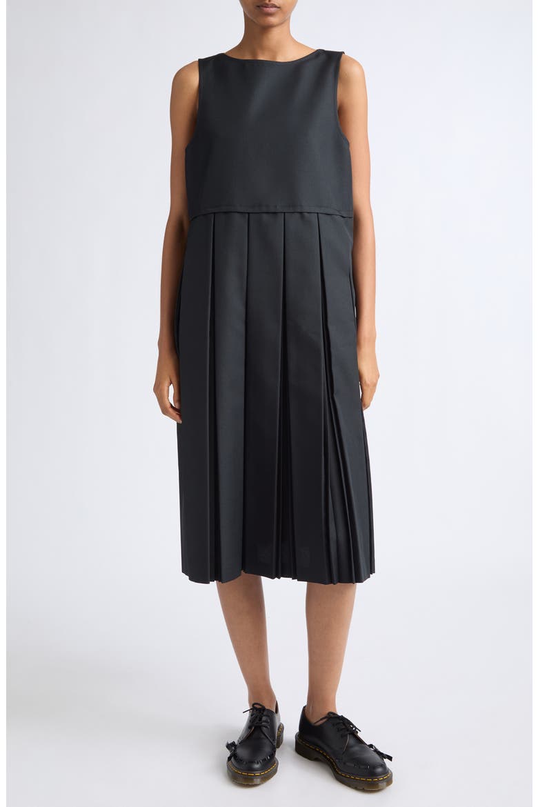 Pleated Twill Midi Dress, Main, color, BLACK