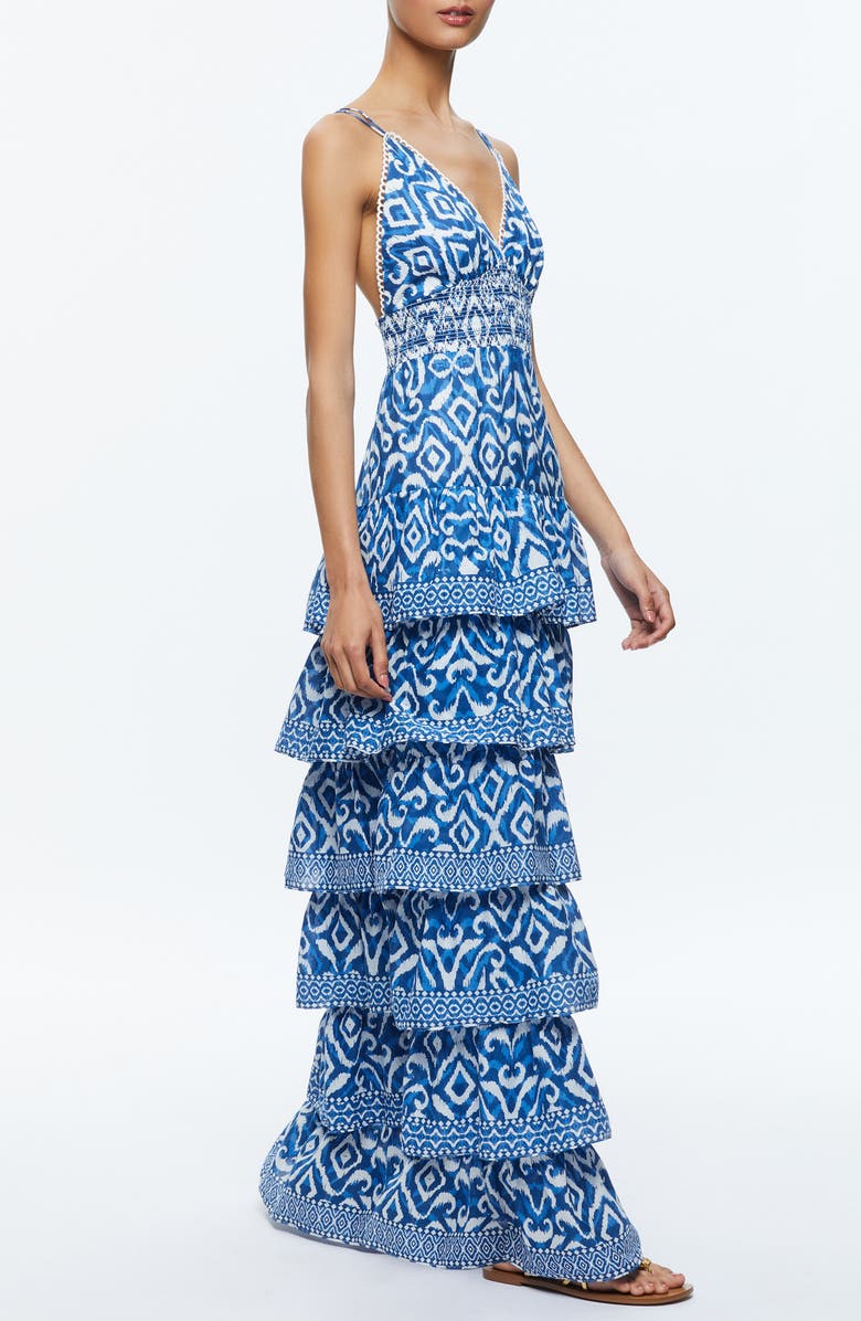Alice + Olivia Imogene Ikat Print Tiered Open Back Maxi Dress, Alternate, color, Artisan Ikat French Blue