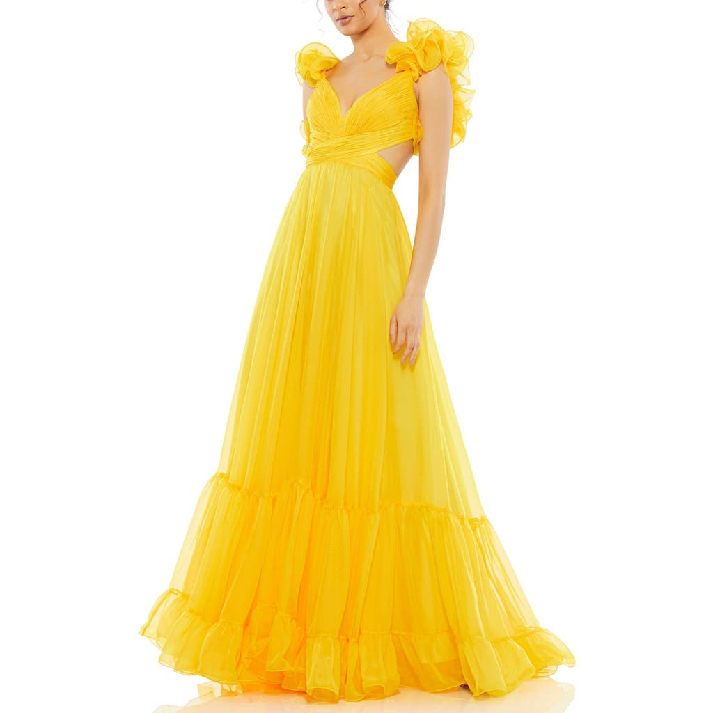 Mac Duggal Rosette Chiffon Cutout Empire Waist Gown In Sunshine