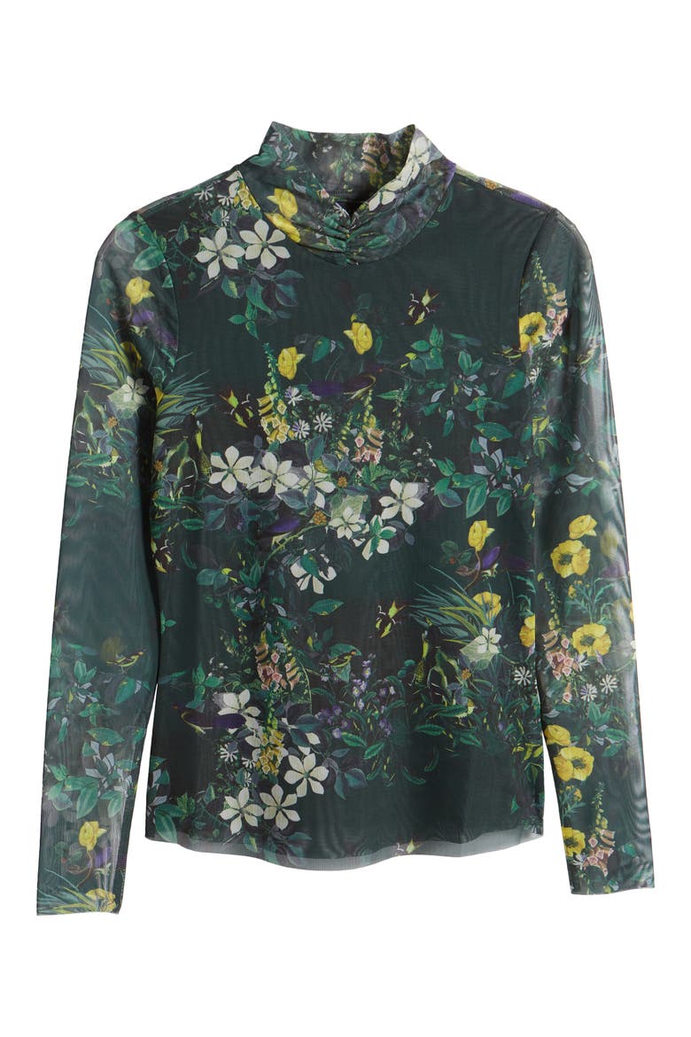 Kellina Floral Print Mesh Turtleneck Top, Alternate, color, BLACK