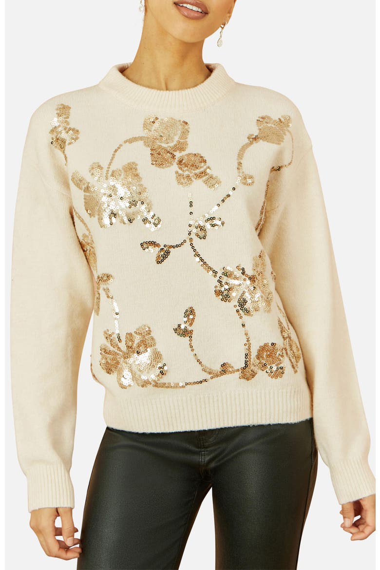 Relaxed Fit Floral Sequin Sweater, Alternate, color, Oatmeal