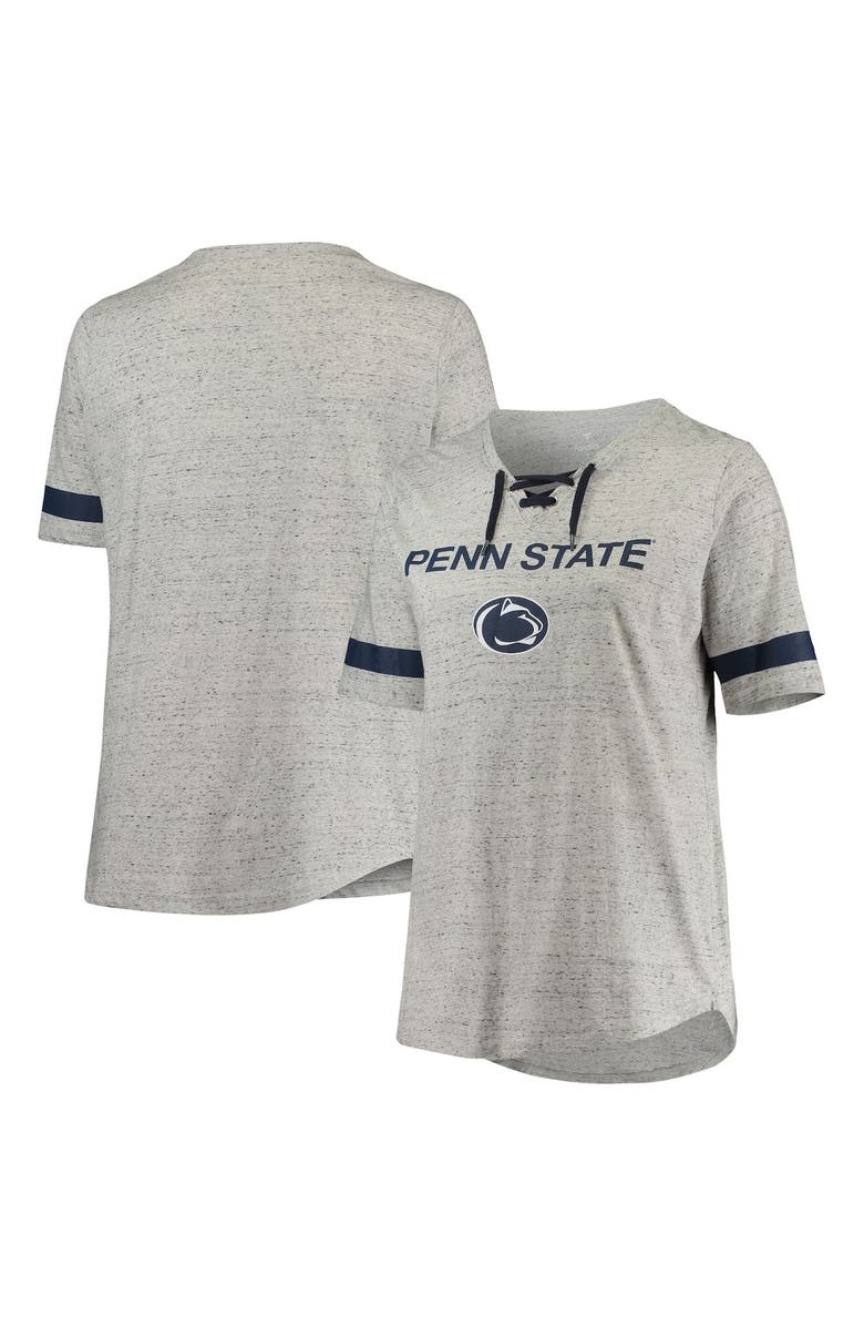 PROFILE Women's Heathered Gray/Navy Penn State Nittany Lions Plus Size Lace-Up V-Neck T-Shirt, Main, color, Heather Gray