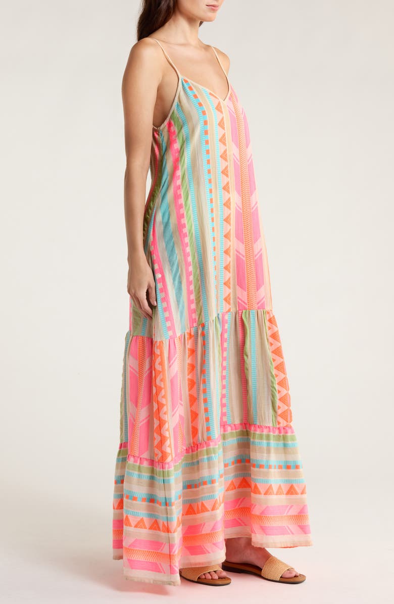 Elan Embroidered Tiered Cotton Blend Cover-Up Maxi Dress, Alternate, color, Neon Aztec