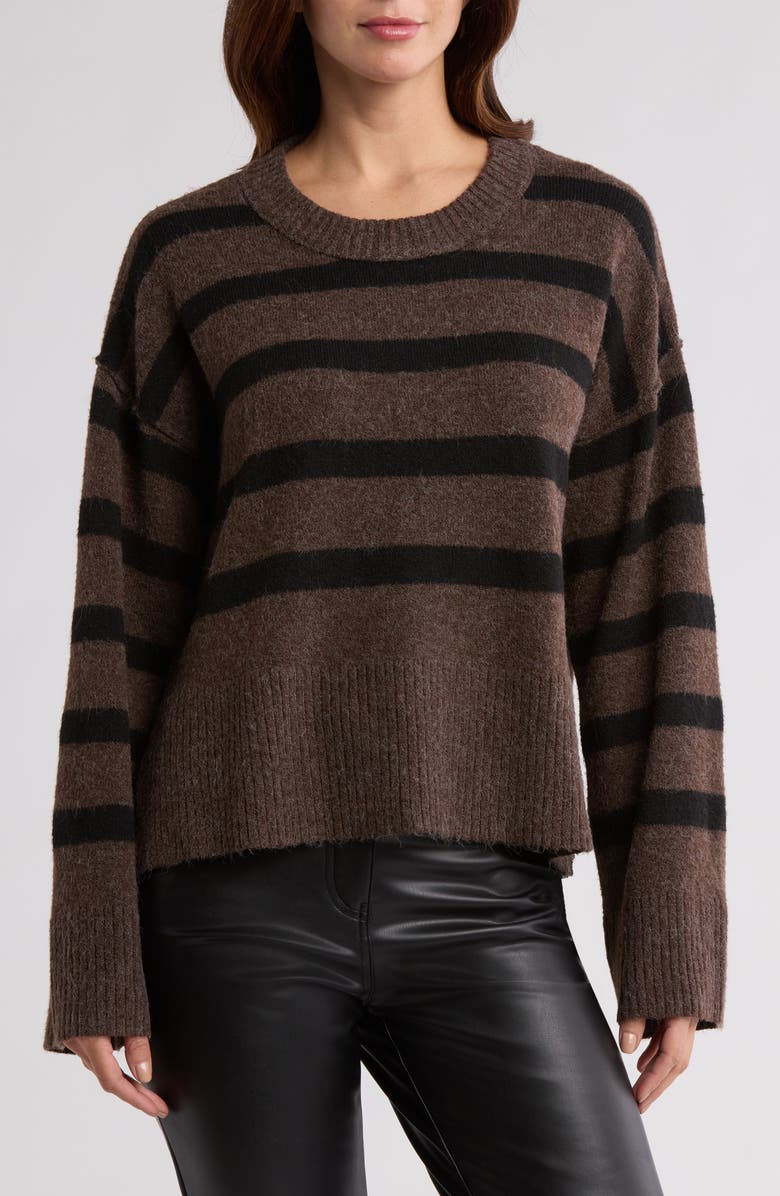 Bobeau Stripe Wide Sleeve Crop Sweater, Main, color, Chocolate/ Black