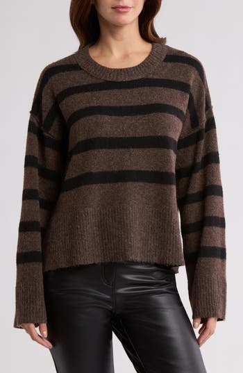 Bobeau Stripe Wide Sleeve Crop Sweater In Burgundy