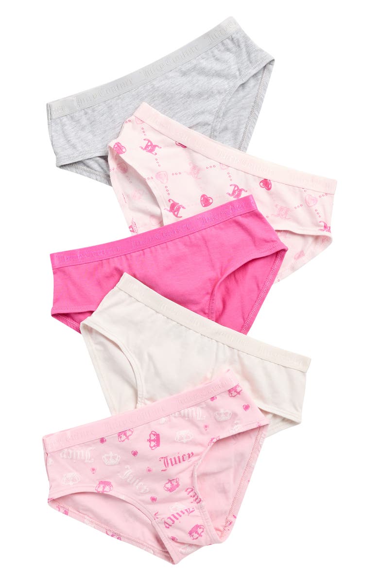 Juicy Couture Kids' 5-Pack Stretch Cotton Bikinis, Main, color, Raspberry Rose Tossed Script