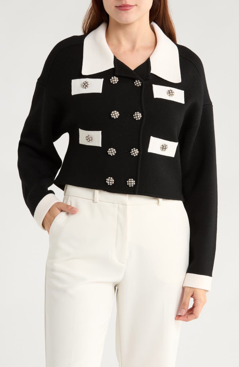 Alice + Olivia Verdell Wool Blend Sweater Jacket, Main, color, Black/ Soft White