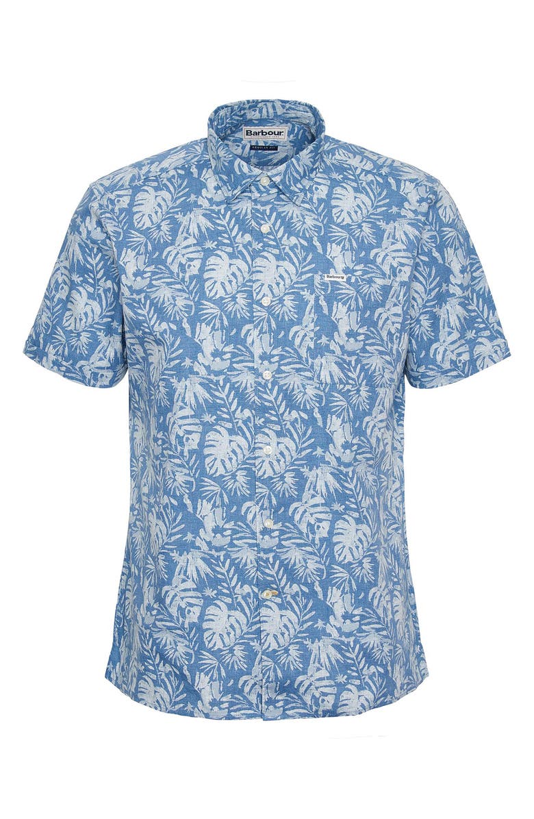 Barbour Ives Regular Fit Leaf Print Short Sleeve Cotton Button-Up Shirt, Alternate, color, Blue