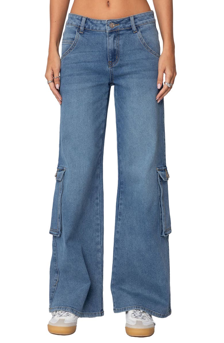 EDIKTED Lunar Low Rise Cargo Jeans, Main, color, Blue-Washed