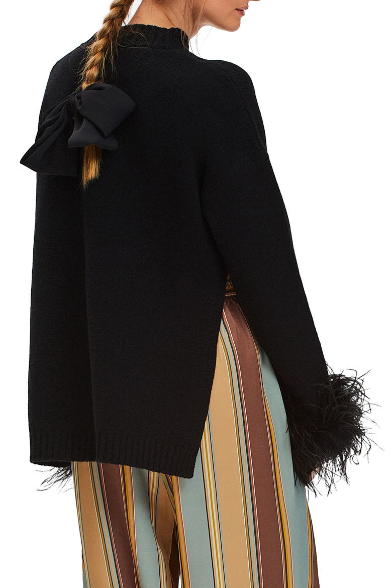 Agatha Feather Trim Wool & Cashmere Pajama Sweater, Alternate, color, BLACK