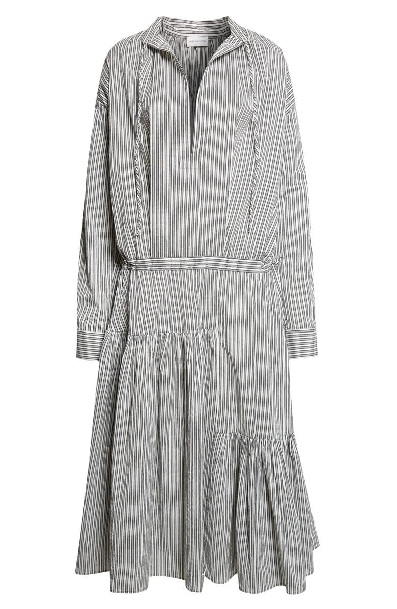 Dries Van Noten Washed Stripe Long Sleeve Cotton & Silk Dress, Main, color, Black