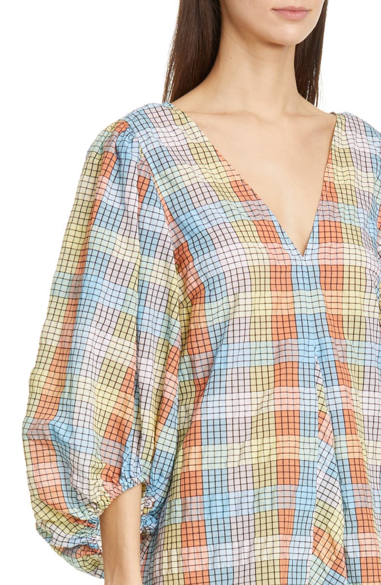 Ganni Plaid Balloon Sleeve Midi Dress, Alternate, color, 