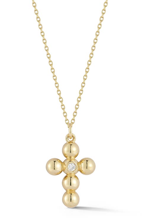 14K Gold Diamond Beaded Cross Pendant