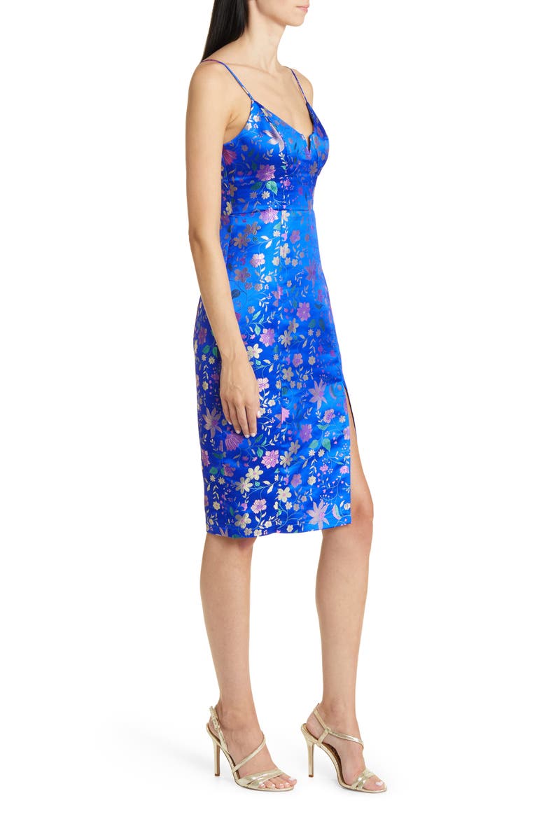 Floral Jacquard Satin Cocktail Dress, Alternate, color, BLUE