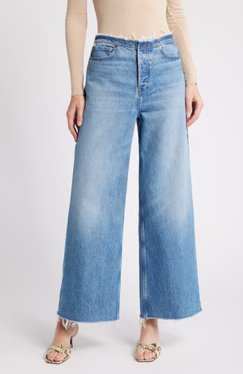 Frame Le Distressed Nonstretch Low Rise Wide Leg Cutoff Jeans