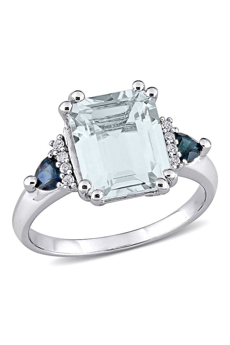Sterling Silver Emerald Cut Ice Aquamarine, Sapphire, & Diamond Ring - 0.04 ctw, Main, color, BLUE