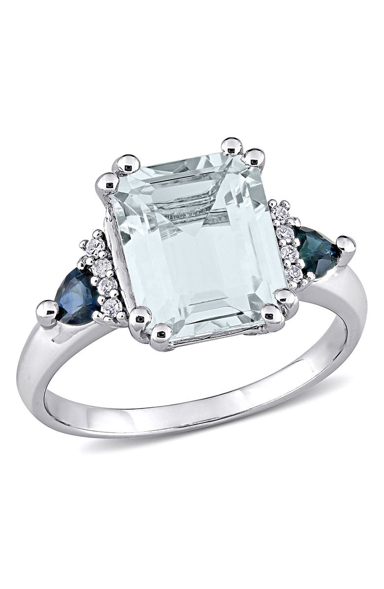 DELMAR Sterling Silver Emerald Cut Ice Aquamarine, Sapphire, & Diamond Ring - 0.04 ctw, Main, color, Blue