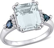 DELMAR Sterling Silver Emerald Cut Ice Aquamarine, Sapphire, & Diamond Ring - 0.04 ctw