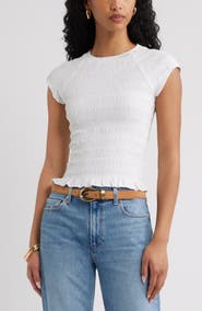 Open Edit Cap Sleeve Smocked Top