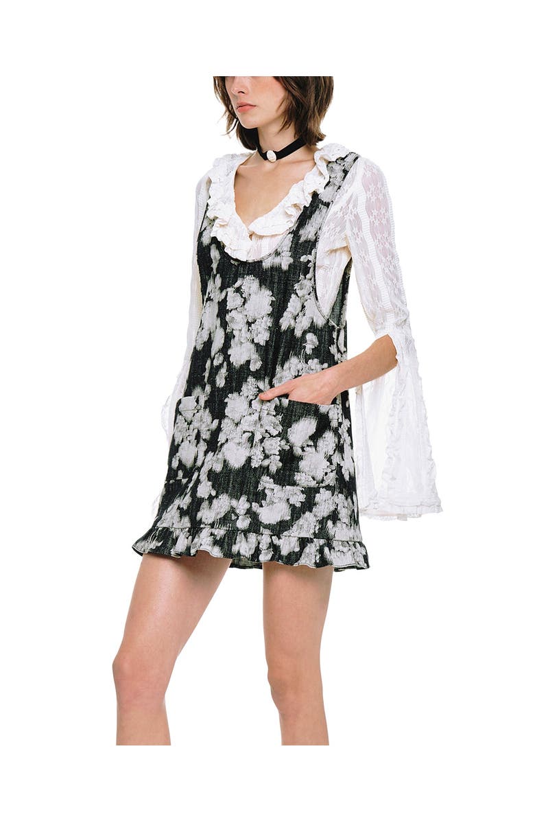 Anna Sui Rose Illusion Denim Ruffle Jumper, Alternate, color, Black