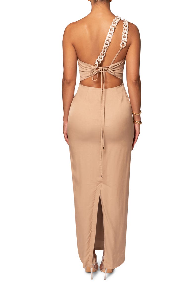 Luxury Living One-Shoulder Chain Strap Lace-Up Dress, Alternate, color, BEIGE