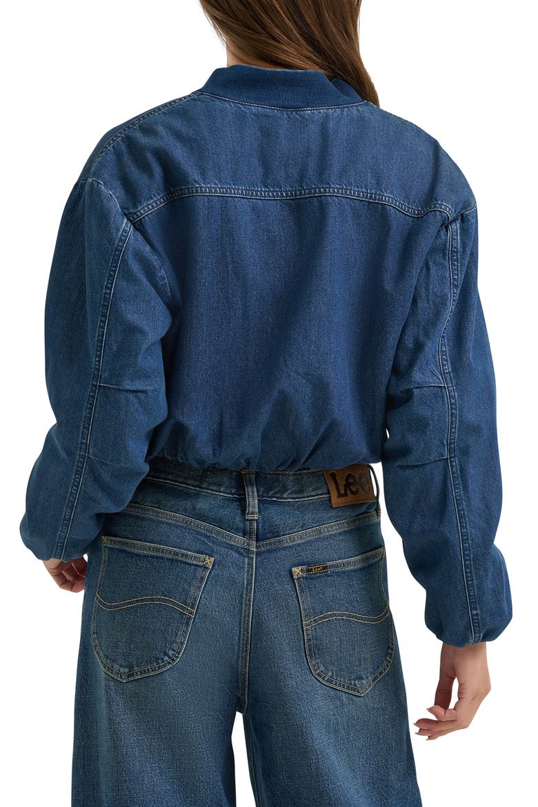 Oversize Bubble Hem Denim Bomber Jacket, Alternate, color, MID PACIFIC