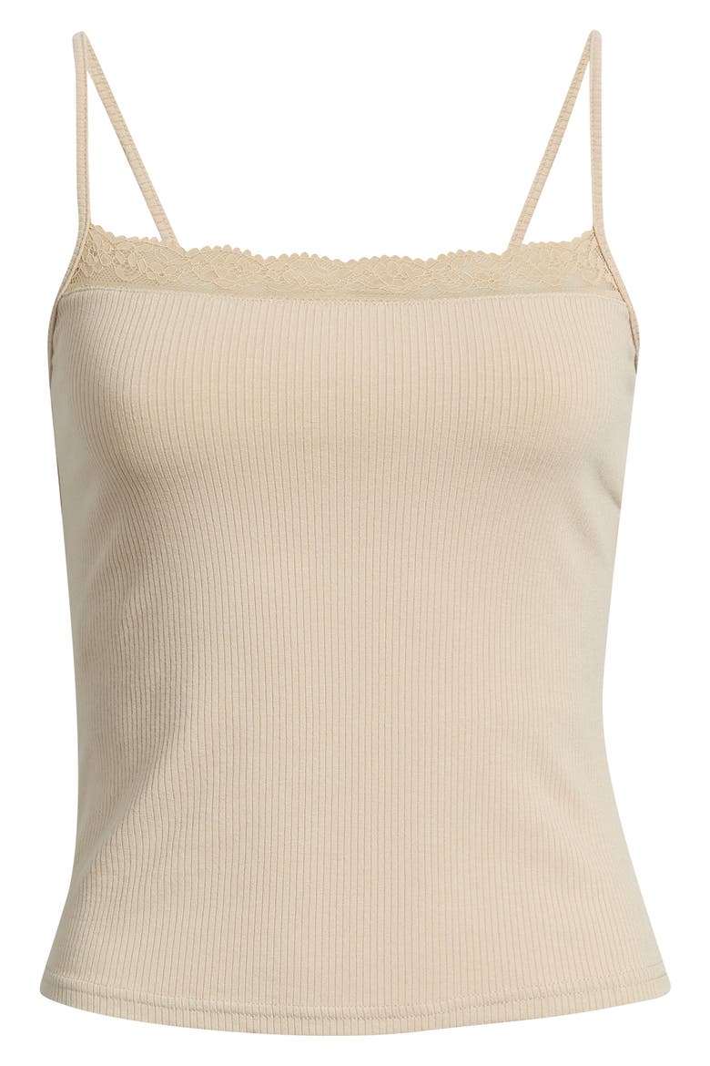 Blondi Lace Trim Ribbed Camisole, Alternate, color, SAND