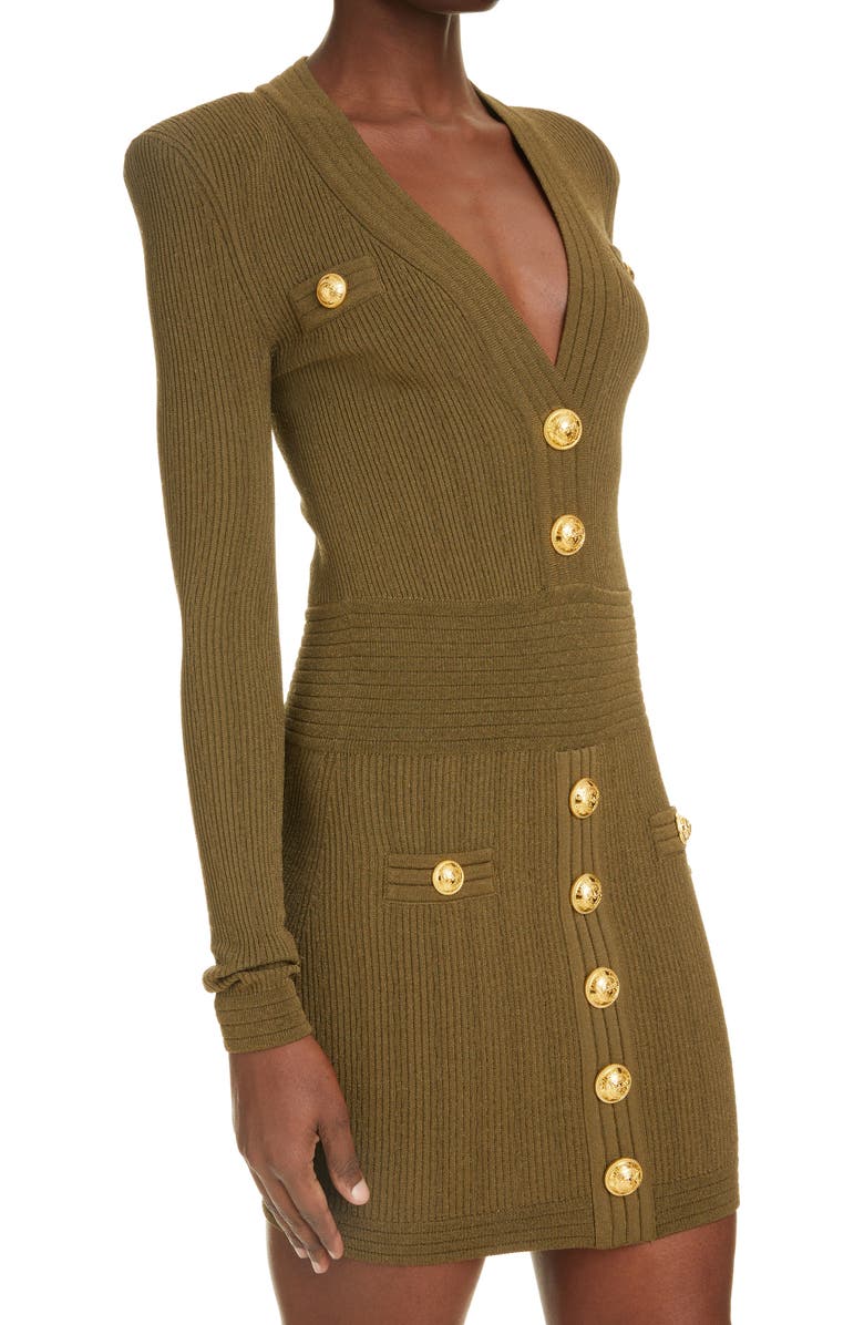 Balmain Rib Long Sleeve Body-Con Sweater Minidress, Alternate, color, 