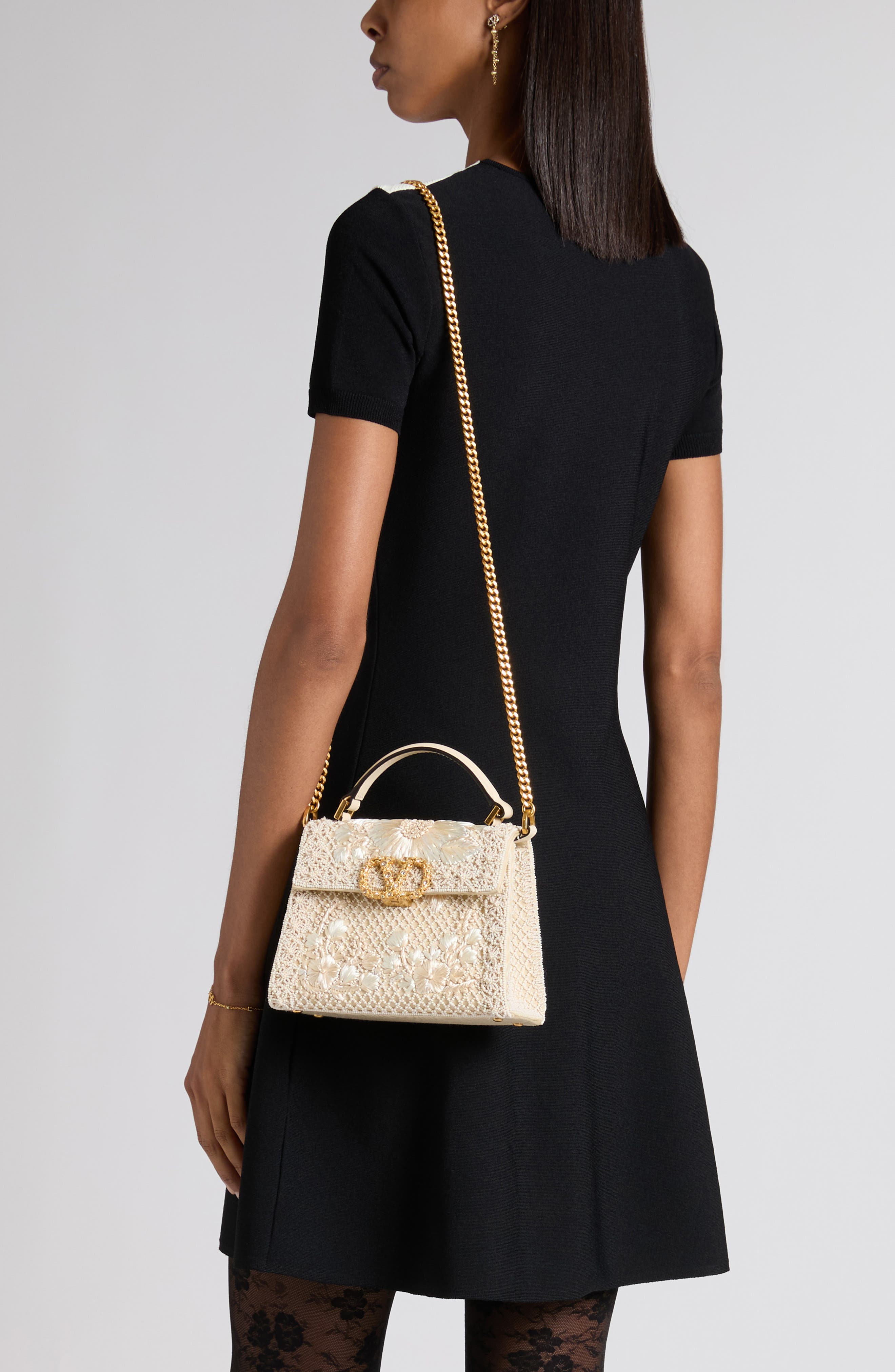 Valentino Garavani Mini Vsling Embroidered Moiré Top Handle Bag, Alternate, color, White/ Cream