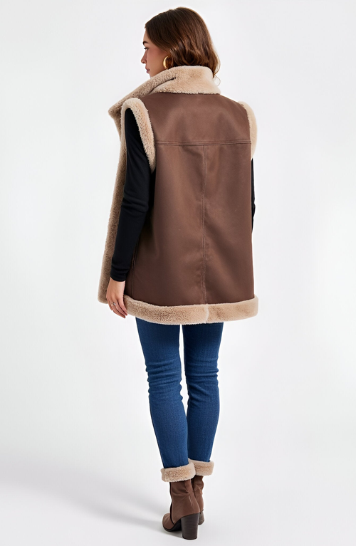 Modenaire Faux Shearling Trim Vest In Brown